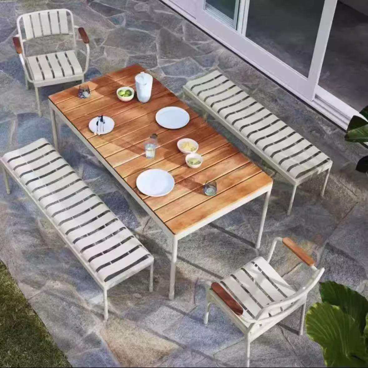 田园高级氛围感庭院露台公园咖啡奶茶店广场桌椅商场配套长凳长椅