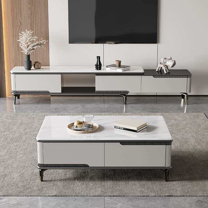 现代简约可伸缩意式轻奢岩板茶几电视柜组合实木小户型客厅落地柜