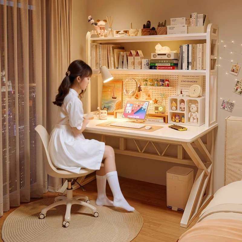 女生卧室电脑桌梳妆台带书架洞洞板一体白色电竞桌学生学习写字桌,3C数码配件,USB灯,淘宝优惠券,粉丝福利购,淘宝优惠卷