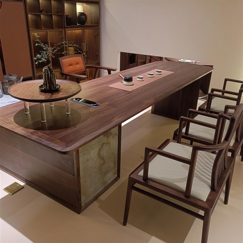 新中式实木茶桌椅组合禅意现代简约岩板茶台别P墅豪宅高端家具定