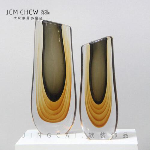 北欧轻奢黄色定制款琉璃加厚玻璃水培创意插花样板间售楼软装摆件