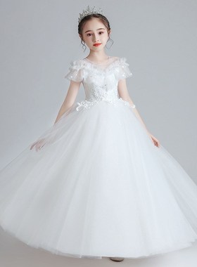 白色花朵儿童晚礼服女童公主裙蓬蓬E纱洋气主持人学生小提琴演出