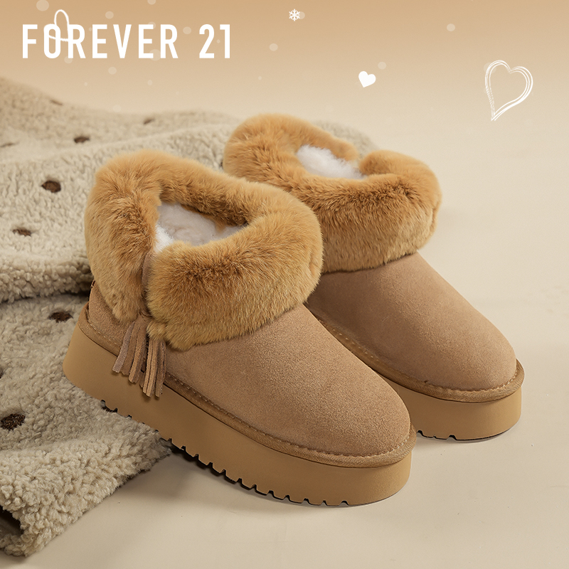 F21獭兔毛牛皮雪地靴女2025
