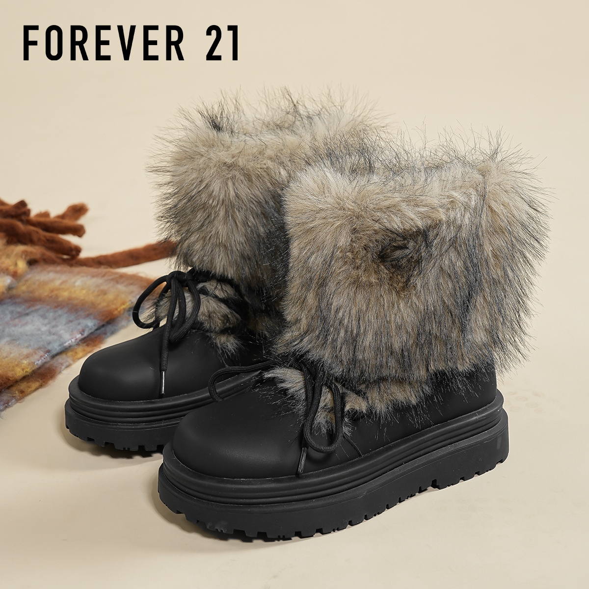 F21厚底雪地靴女2025新款冬季