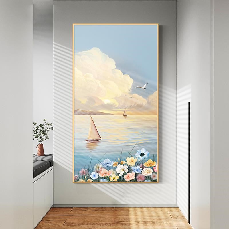 北欧一帆风顺玄关装饰画温馨风景走廊入户挂画花卉客厅背景墙壁画图片