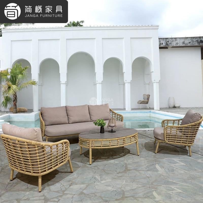 户外别墅泳池藤编沙发客厅休闲花园庭院家具民宿防水防晒藤椅茶几