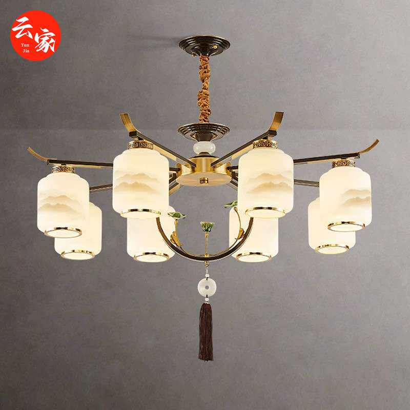 新中式全铜客厅吊灯餐厅卧室轻奢大气酒店吸顶吊灯山水灯罩中国风
