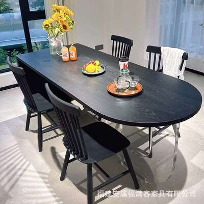 黑色半椭圆实木餐桌法式现代悬浮亚克力设计师意式简约长条吃饭桌