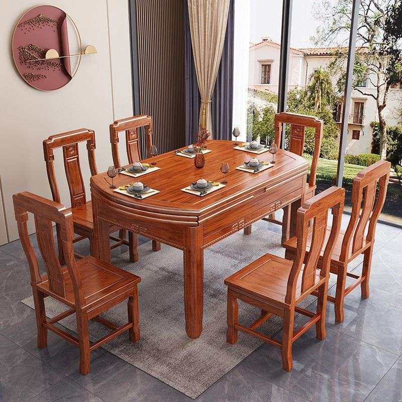 花梨木实木餐桌椅组合方圆两用伸缩折叠可变圆桌小户型家用饭桌