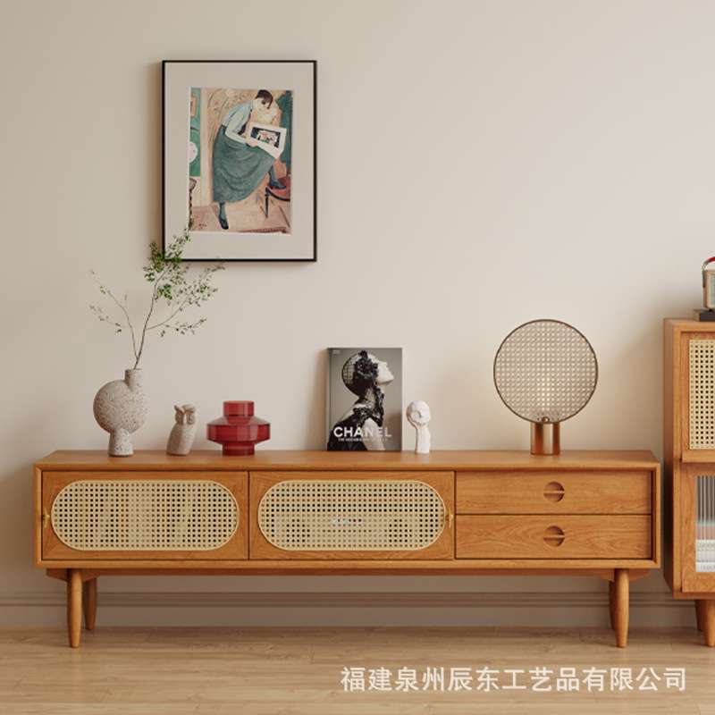 北欧创意带抽屉电视柜客厅多层实木视听柜靠墙卧室简约藤编储物柜