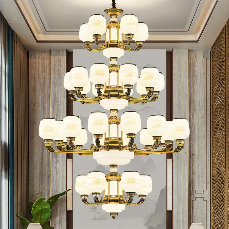 复式楼大吊灯新中式挑空客厅灯中空楼中楼挑空跃层别墅灯具2023