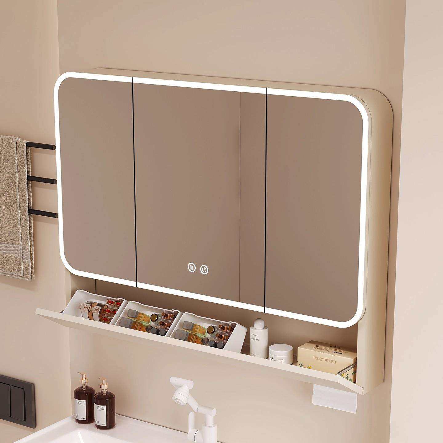 太空铝圆弧形浴室镜柜智能收纳储物柜卫生间挂墙式带梳妆镜抽纸孔