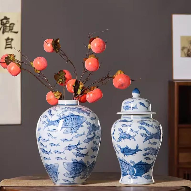 青花瓷瓶摆件客厅插干花复古陶瓷花瓶桌面水培家居装饰品储物罐