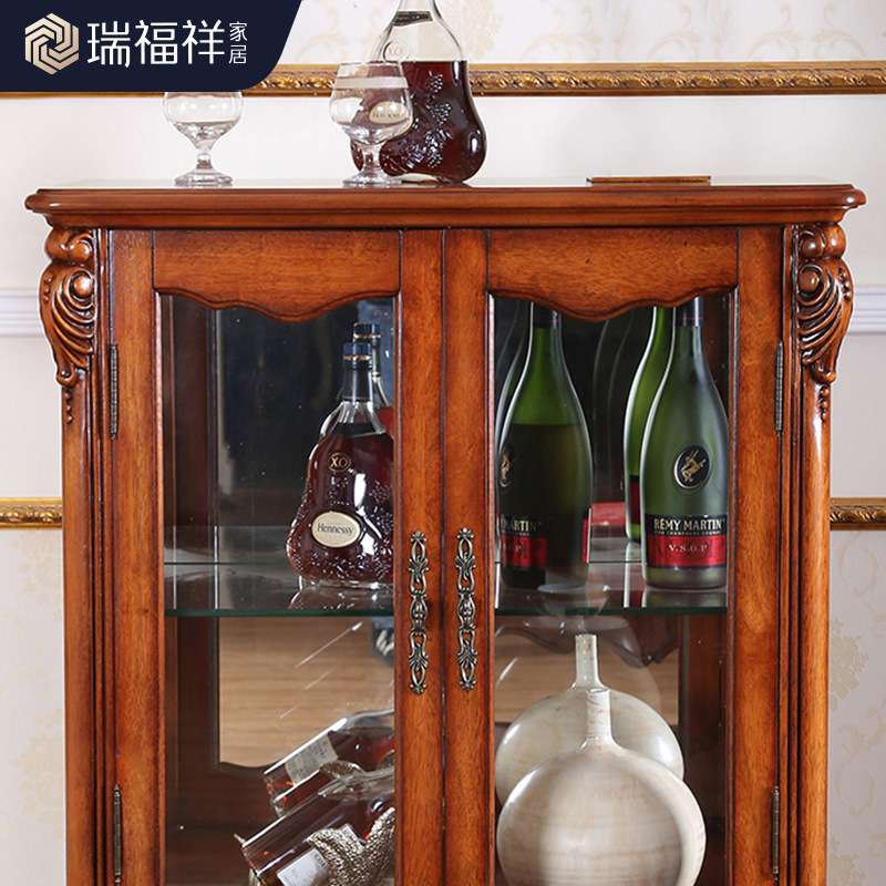 美式简约酒柜装饰柜摆件实木客厅餐边柜欧式展示柜玻璃储物柜复古