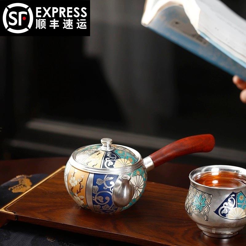 何赋森大师鎏银茶壶侧把壶银壶银茶壶纯手工单壶万花手绘仿古