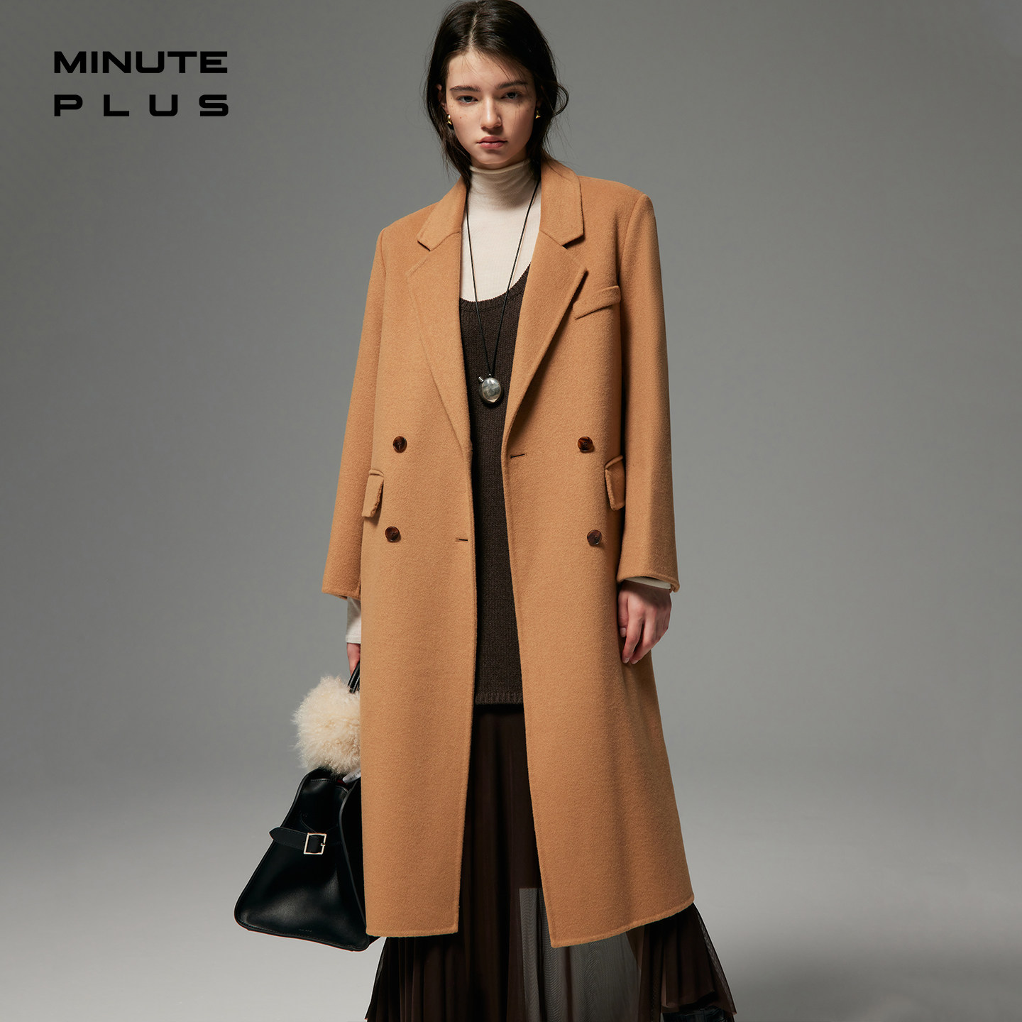 MinutePlus 双排扣中长款显高显瘦大衣/双排扣长款高质感呢大衣