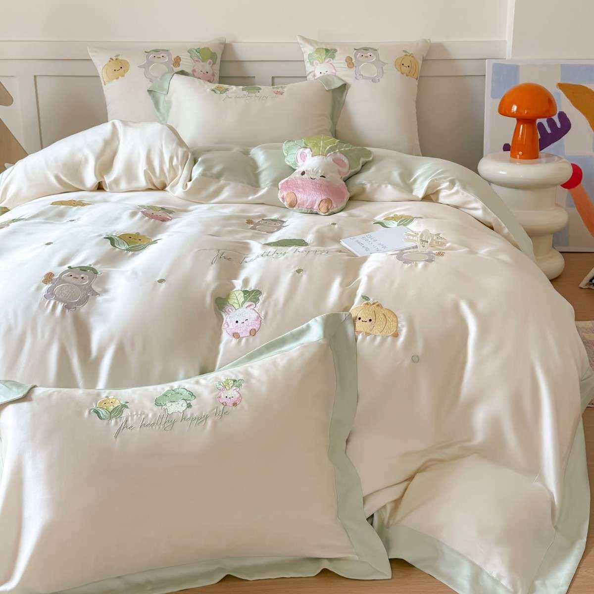 夏季凉感莱赛尔纤维四件套小清新刺绣裸睡拼角1.2m被套床品白绿色