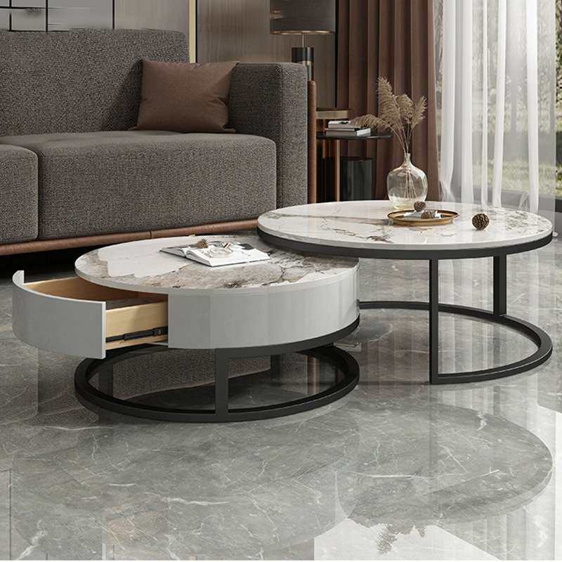 北欧轻奢不锈钢镀金岩板大小户型圆茶几简约现代组合字母折叠茶几