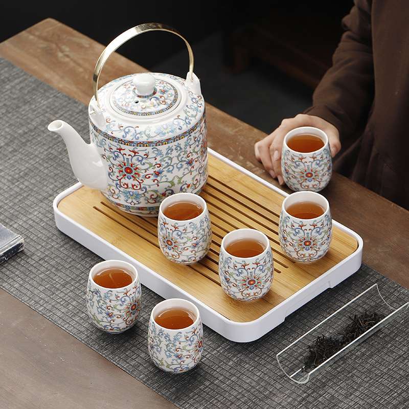 提梁壶茶具套装陶瓷带过滤网大号桥壶茶杯整套1壶6杯饭店餐馆家用