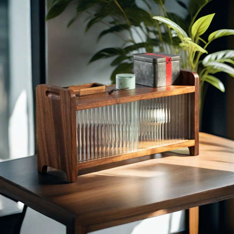 胡桃木桌面茶杯架子茶具带推拉门收纳架实木小型