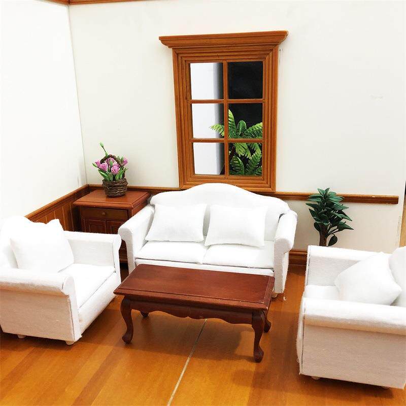 1:12娃娃屋迷你家具dollhouse清新白色沙发3件套带靠枕