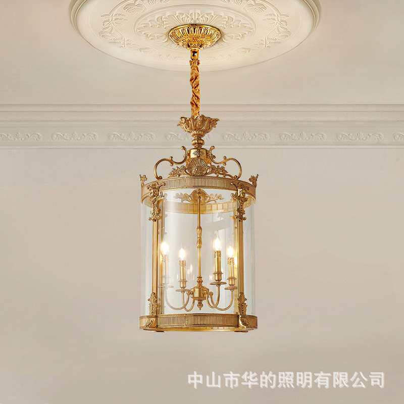 法式别墅楼梯过道走廊小吊灯欧式古典玄关灯复古阳台玻璃全铜吊灯