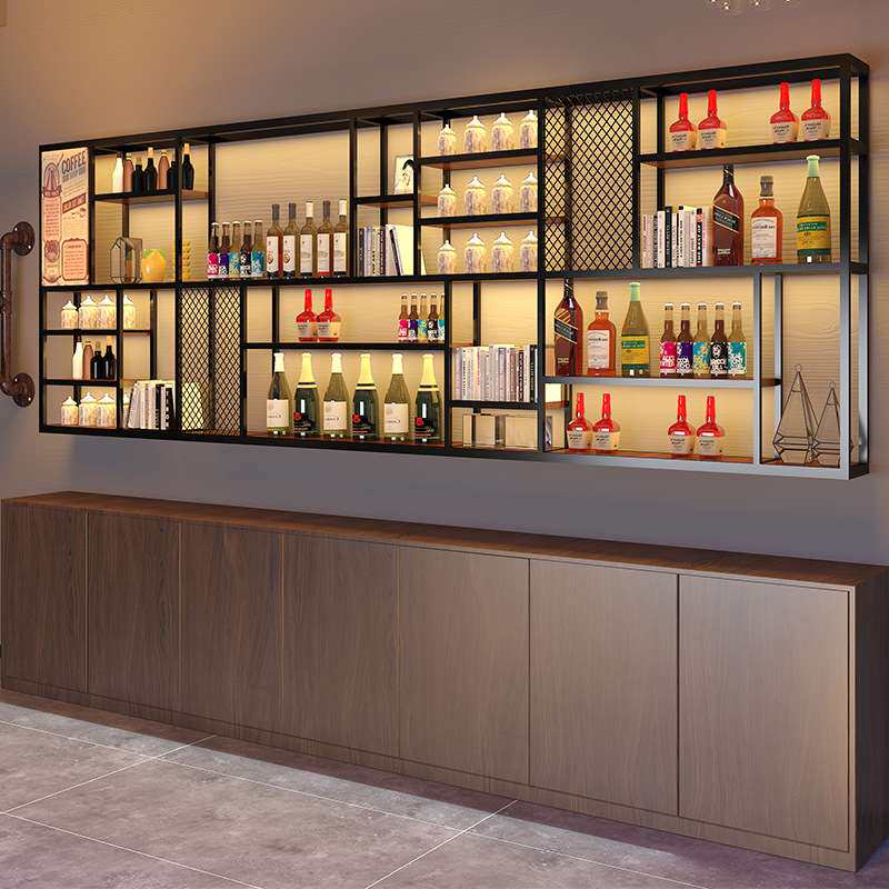酒吧吧台酒柜壁挂式餐厅墙上铁艺带灯展示架酒架置物架工业复古