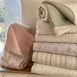 韩系碎花提花双层纱床盖三件套花边款绗缝夹棉榻榻米防滑床单四季