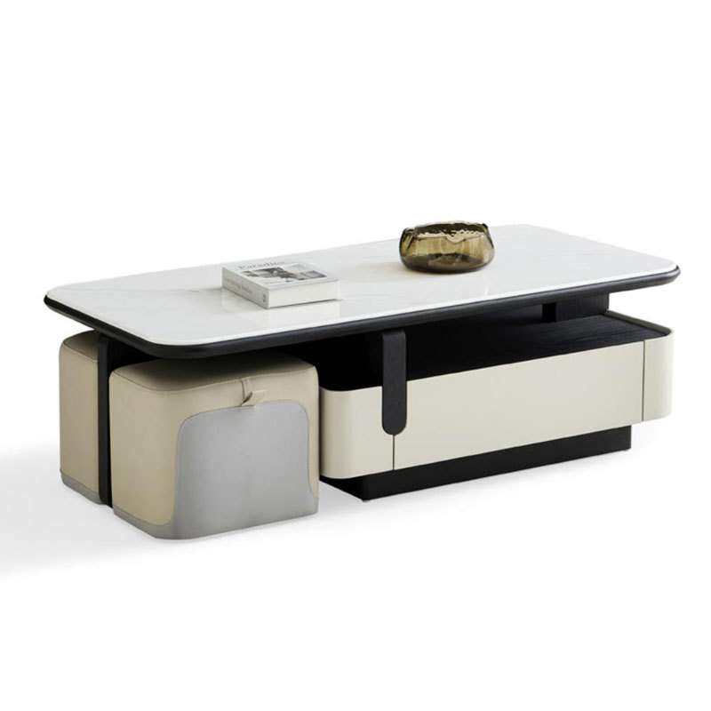 佛山家具茶几中古风极简微晶石方形茶几家用小户型伸缩带凳子创意