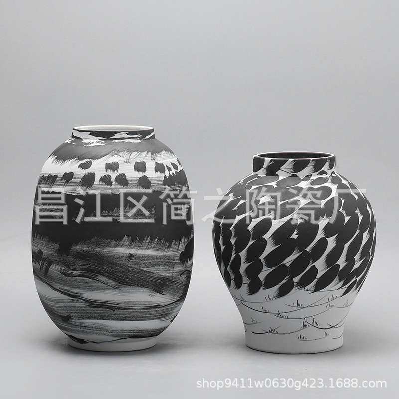 现代黑白陶瓷花瓶摆件中式古典客厅家居饰品台面花器插花艺术摆设