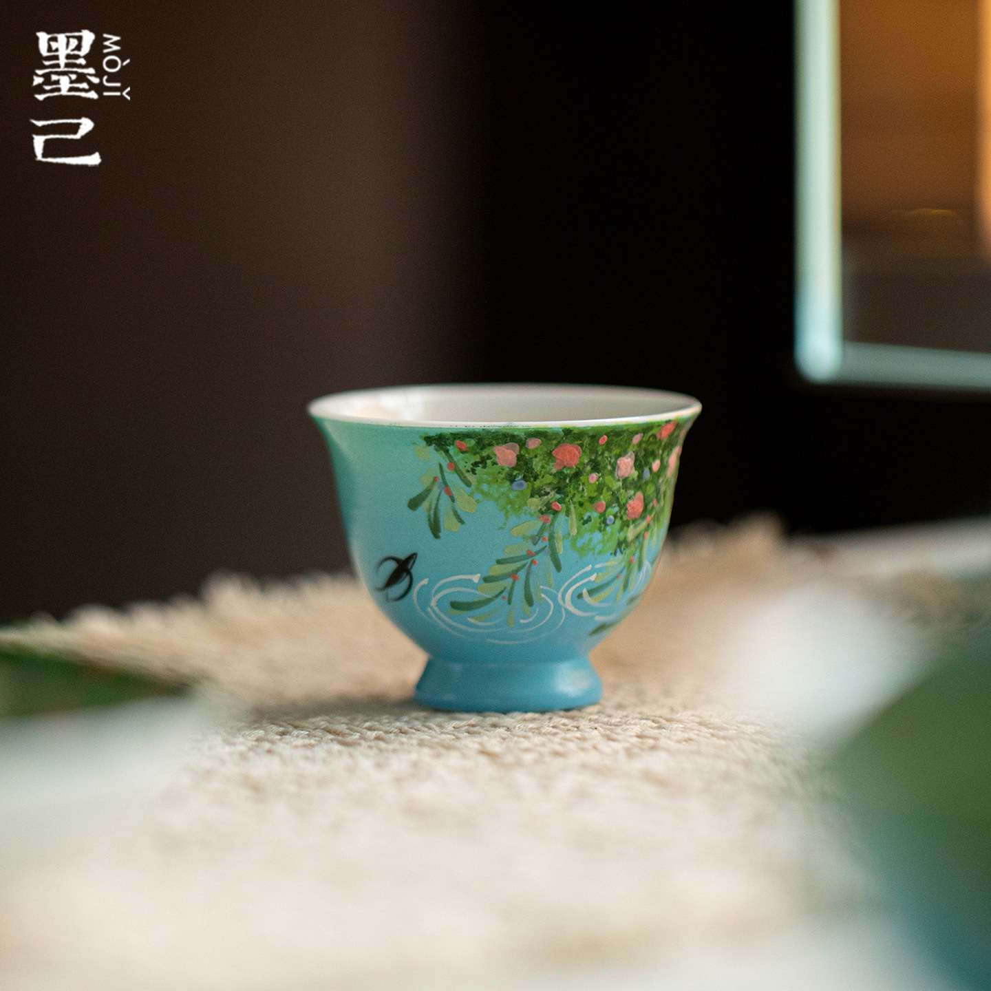 墨己蓝地彩绘油画风柳燕絮语陶瓷品茗杯小号手绘家用茶杯单杯杯子
