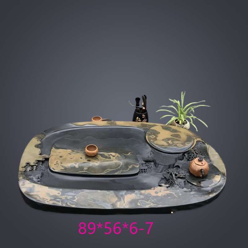歙砚茶盘黑色圆形天然原石材料创意手工雕刻茶台单层排水中式茶海