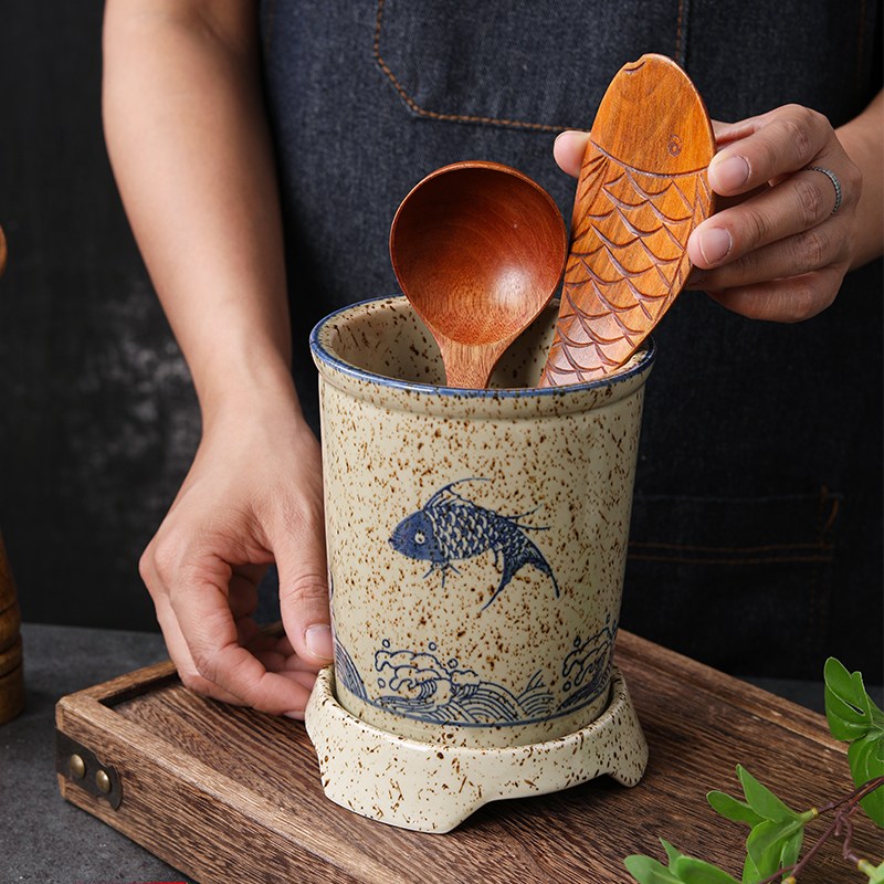 中式陶瓷筷子筒筷子篓家用大号厨房D筷子勺子收纳架筷子盒沥水筷