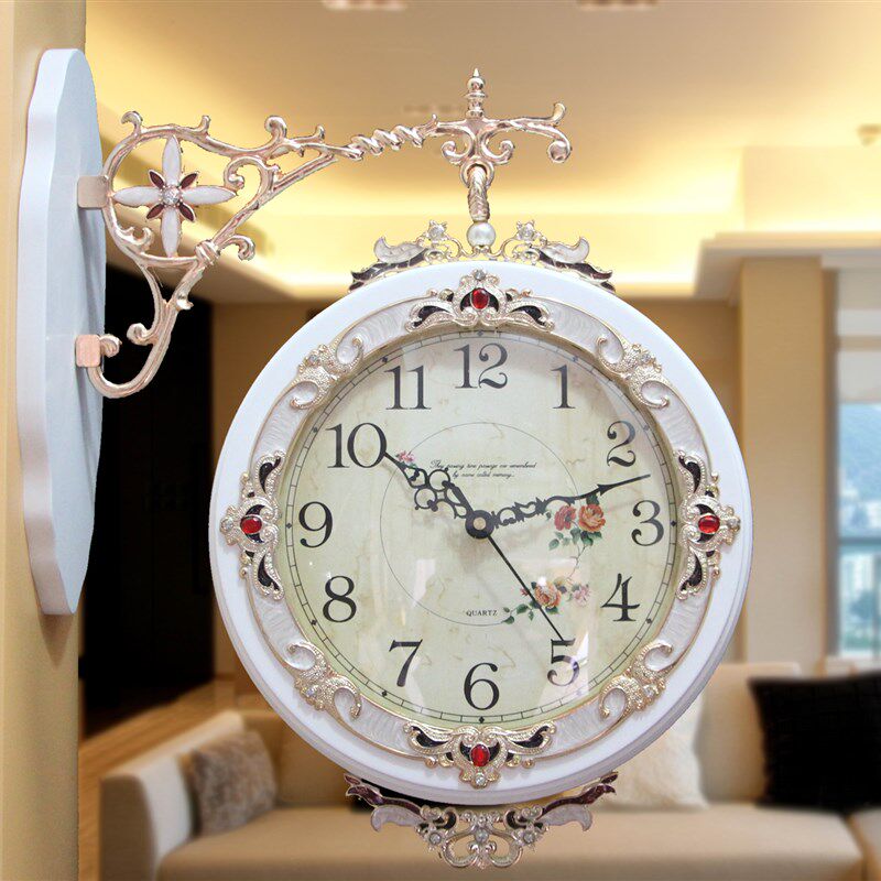 欧式实木双面挂j钟客厅静音两面挂表创意时尚时钟田园现代石英钟