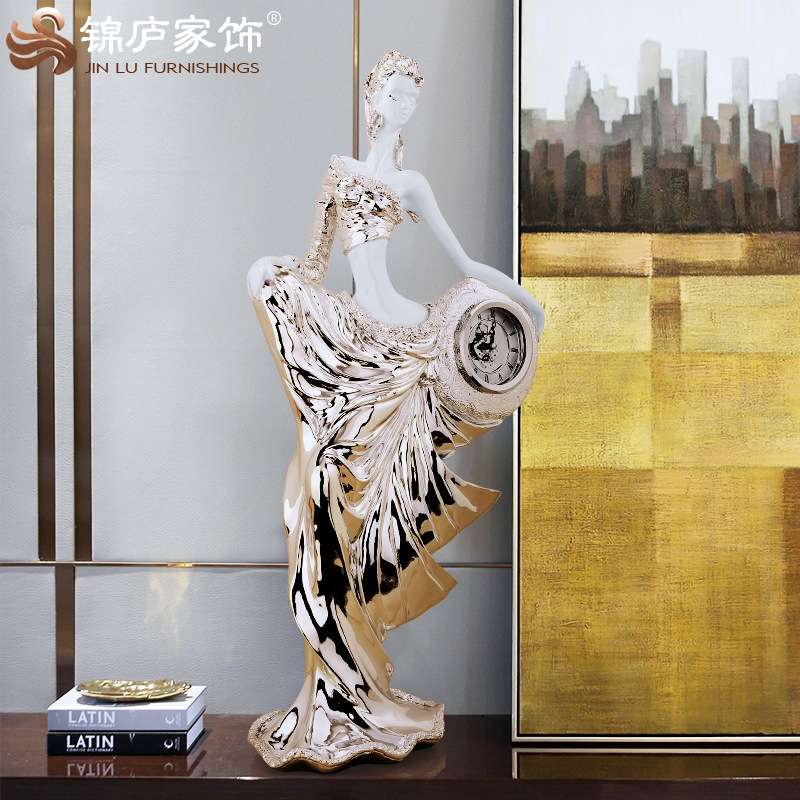 人物雕塑美女时钟欧式家居摆件客厅创意台钟酒柜电视柜时钟工艺品