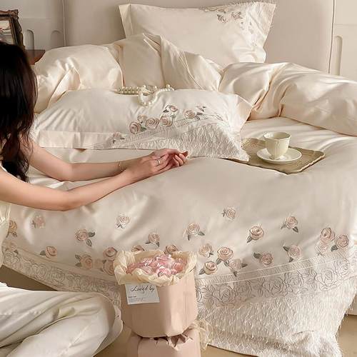 唯美法式少女心四季澳棉纯棉四件套花卉刺绣全棉被套床单床上用品