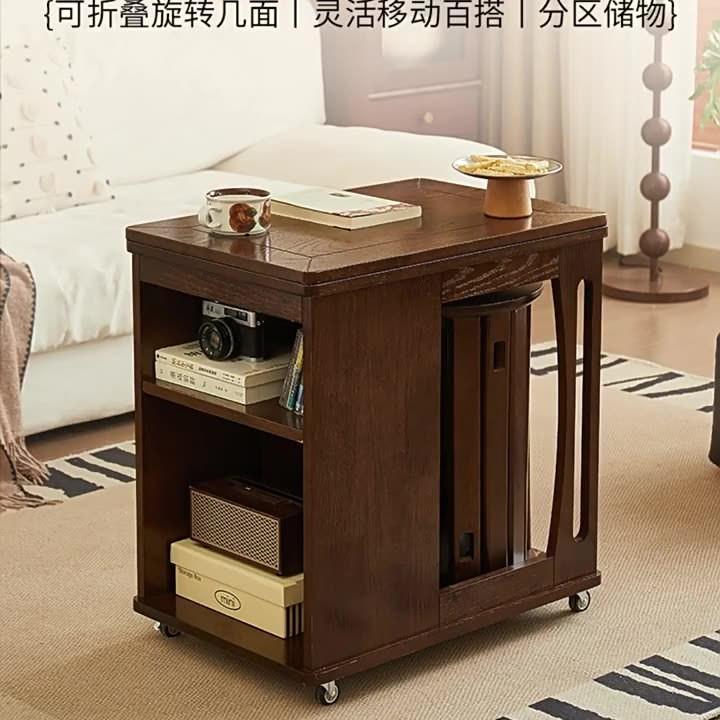 厂家直销实木可折叠茶几客厅沙发边柜复古中古风小推车桌子可移动