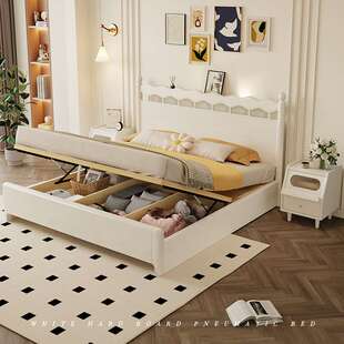 白色家用主卧大床现代简约1米8的床加床垫高箱储物双人床纯实木床