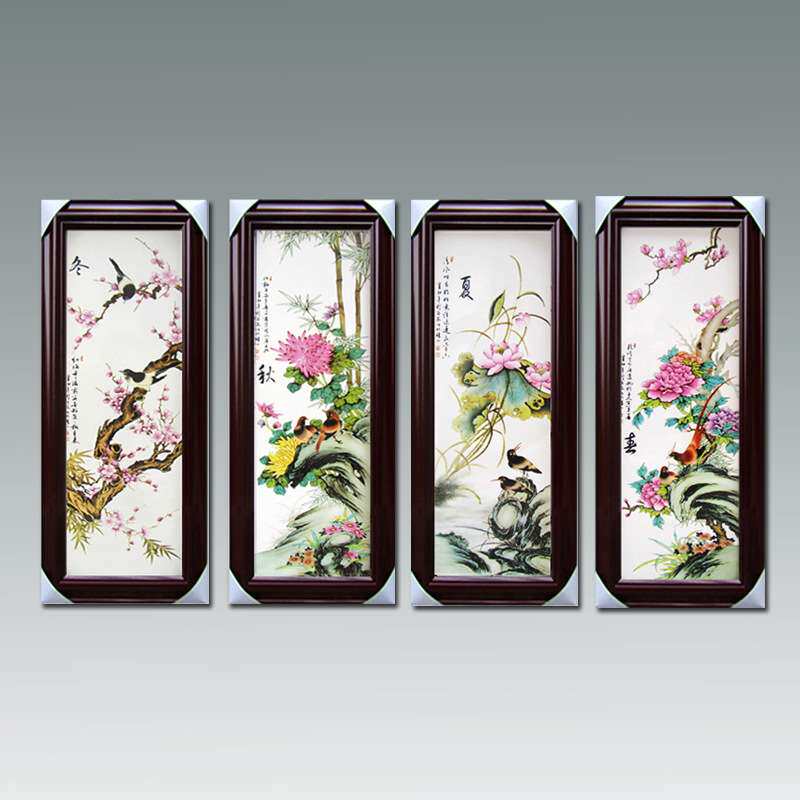 景德镇粉彩瓷陶瓷工艺品四件套瓷板画 春夏秋冬酒店茶楼墙壁挂饰