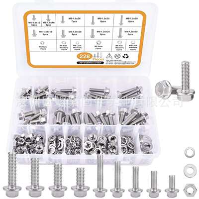 跨境228PCS304不锈钢法兰外六角螺丝螺栓套装六角螺钉配螺母盒装