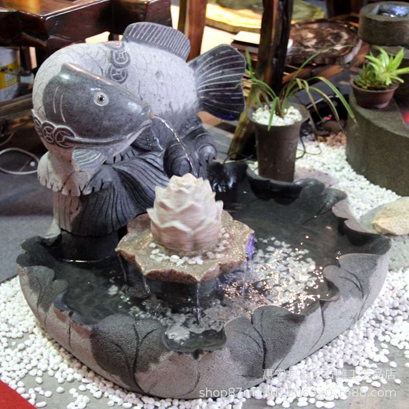 产地直销石雕鲤鱼流水摆件 精美室内石头风水鱼装饰 招财流水摆饰