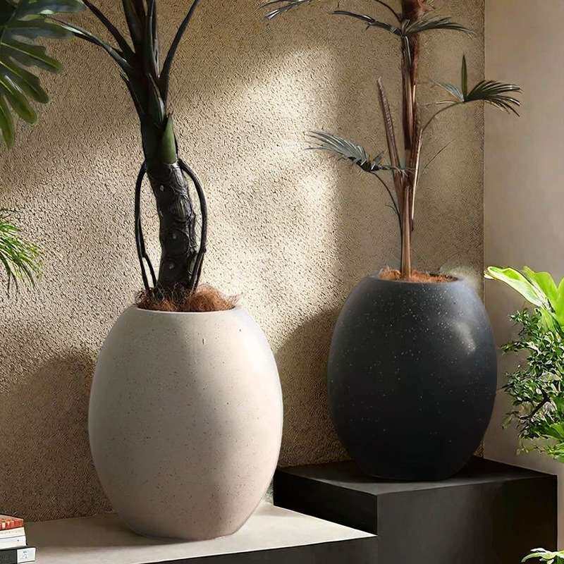 简约雅致花盆容器手工奇石蛋壳落地镁泥花盆大号仿真树假花装饰盆