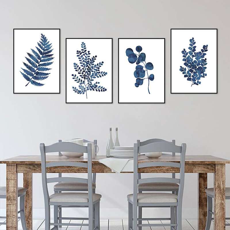 现代北欧客厅植物挂画四连叶子装饰画画芯 家居植物画加工直销