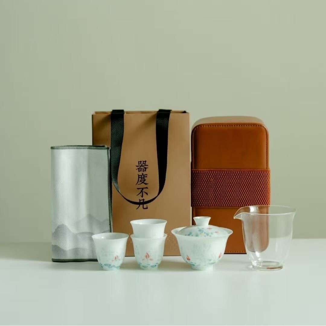 玲珑釉手绘荷花盖碗茶杯整套户外便携旅行茶具泡茶碗套组商务送礼