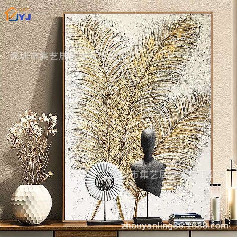 抽像手绘厚肌理立体感金箔油画竖版客厅餐厅装饰挂画壁画立体肌理