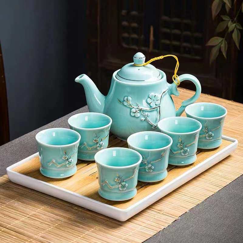 提梁壶茶具套装家用陶瓷景德镇手工描金大号茶壶茶杯简约送礼托盘
