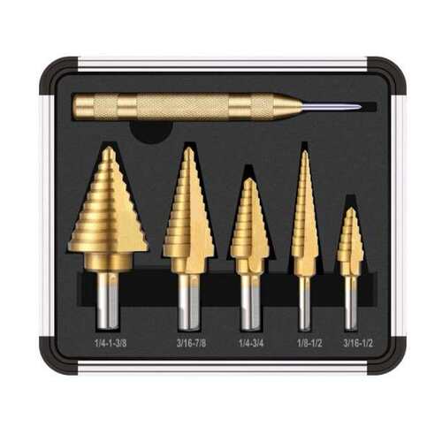 六件套铝盒装钢板打孔器英制6pc三角孔扩孔宝塔钻头台阶梯钻