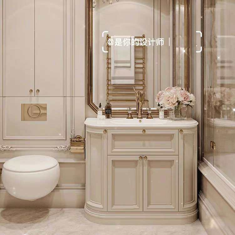 法式复古浴室柜组合落地式岩板热弯一体盆卫生间洗漱台洗手脸盆柜