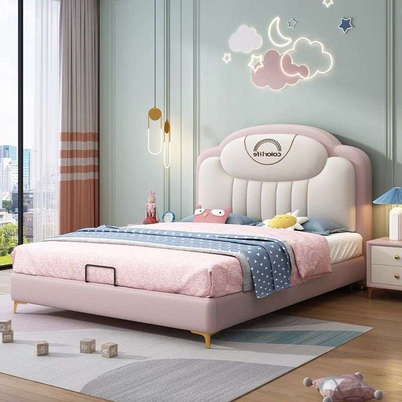 现代简约皮床小户型儿童床女童公主皮床网红款实木床板