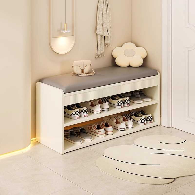 奶油风换鞋凳家用门口进门穿鞋凳可坐式鞋柜一体T软包坐垫入户鞋
